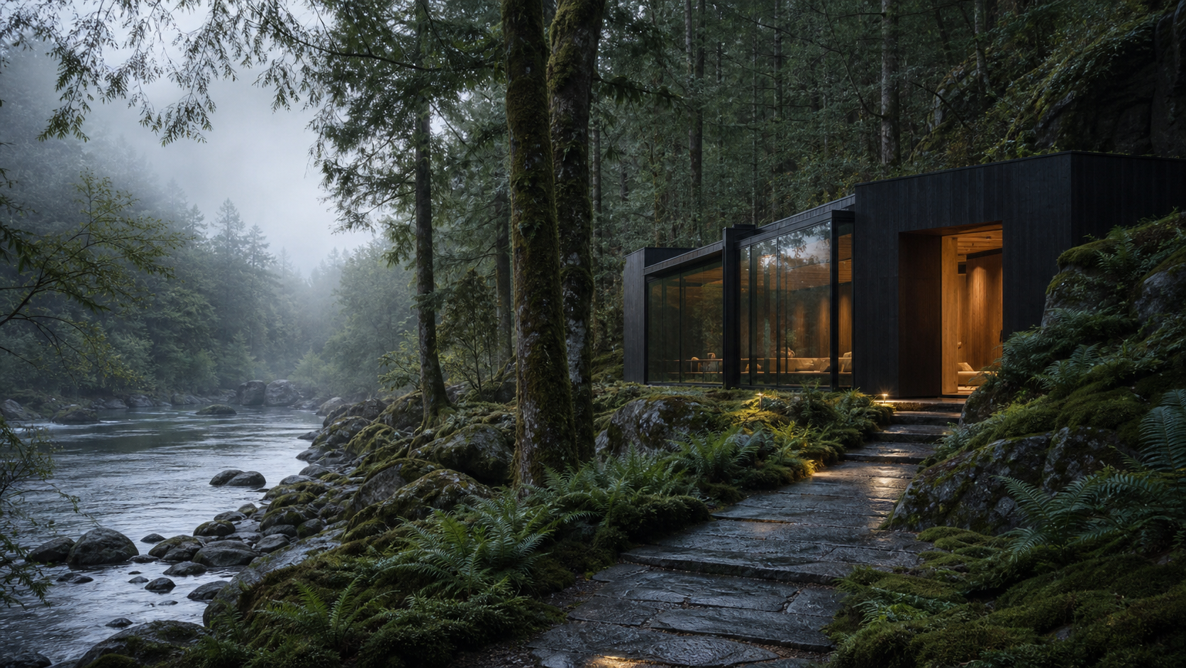 Maison contemporaine ouverte sur une forêt humide et une rivière