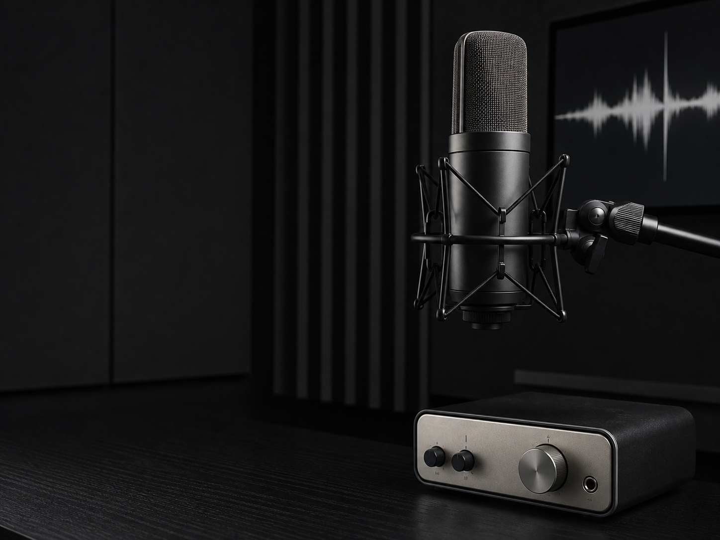 Microphone de studio et forme d'onde sur un écran sombre