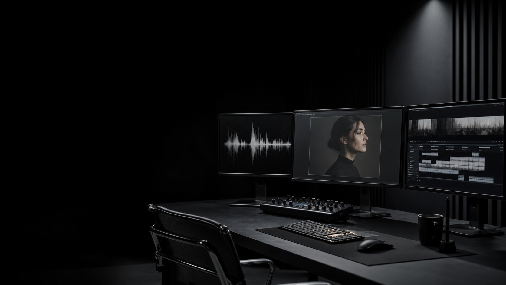 Poste de production avec écrans pour l'audio, le persona et le montage